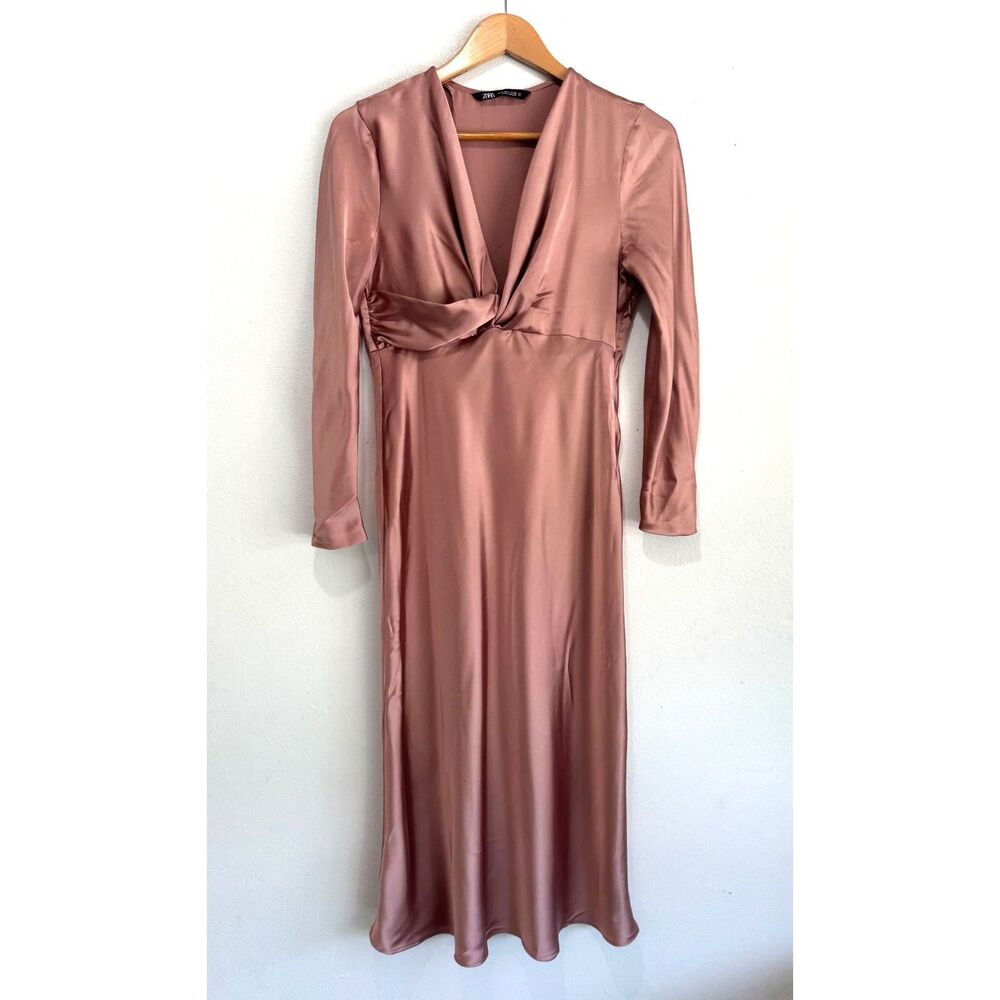 Zara maxi dress satin Y2K long sleeves rusty romantic terracotta faity women M